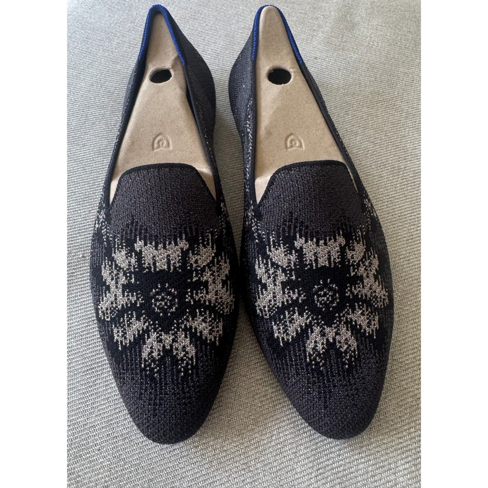 Rothys The Loafer Black Metallic Silver Snowflake Knit Pointed Toe Flats Size 10 - Picture 2 of 8